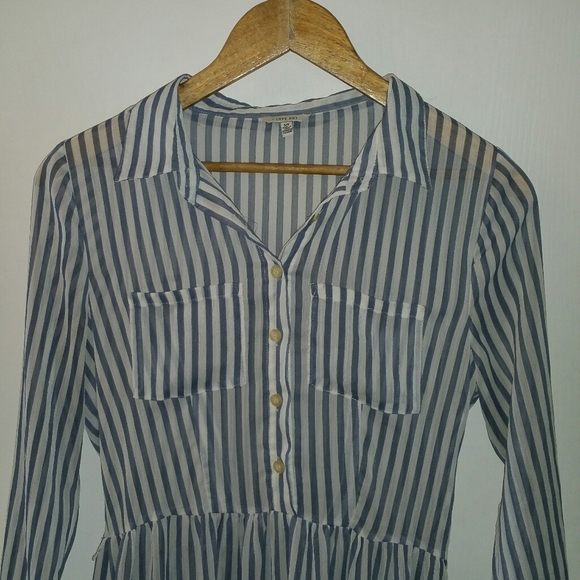 I Love H81 striped sheer blue & white long sleeve shirt dress with button front - Picture 2 of 4